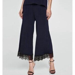 Zara Knit Wide Leg Crop Pant High‎ Waist Blue Lace Trim Stretch Ankle Culottes S